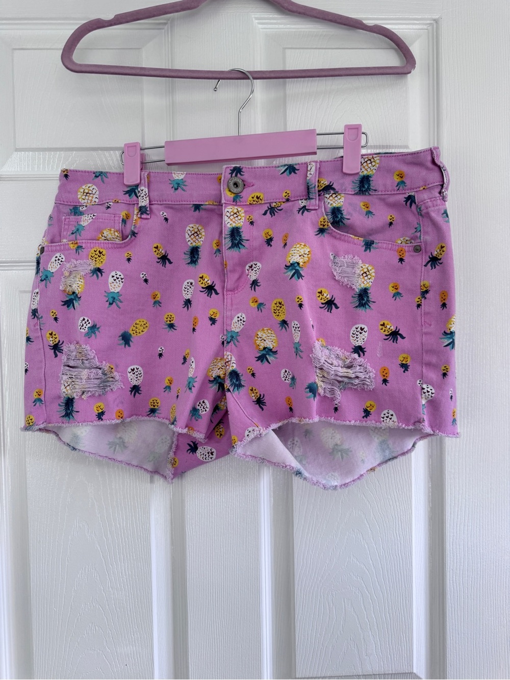 Juniors Plus Pink Pineapple Print Denim Shorts